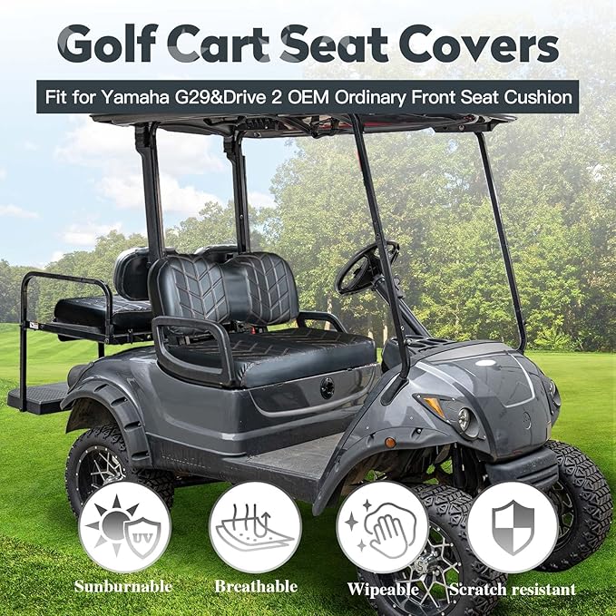 4PCS Golf Cart Seat Covers Kit, Front and Rear Seat Covers,Vinyl Seat Covers Accessories, No Staples（Black&Brown Stitch） (Fits YAMAHA/G29/Drive2)