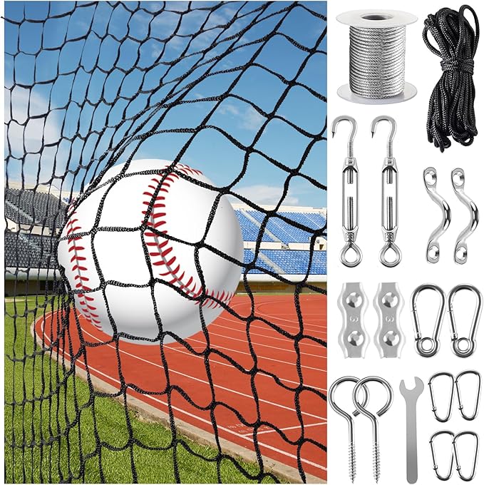 Baseball Softball Backstop Nets,Sports Net with 33ft Rope or Steel Hanging Kit, Nylon Nets Also for Basketball Soccer Lacrosse Hockey.