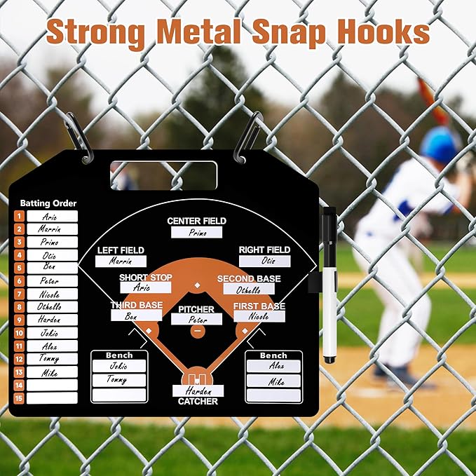 Magnetic Baseball Coach Clipboard, Anglecai Double-Sided Dry Erase Baseball Lineup Board for Softball Dugout Board Baseball Coaching Board with 30 Lineup Card/ 10 Magnet/2 Marker/2 Hook (Black)