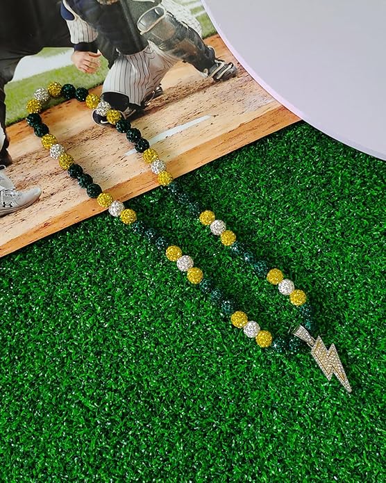 Baseball Necklace for Men 16/18/20 Inch Bling Ice Collection Lightning Bolt Pendant Necklace for Women Rhinestone Clay Beaded Discoball Accessories Gifts for Baseball Team Players Lovers