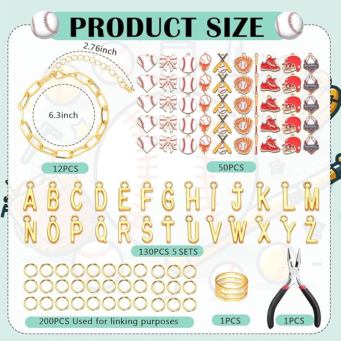 Kigeli 394 Pcs Sports Bracelets for Women DIY Game Bracelets kit Softball Baseball Football Jewelry Crafts Adjustable Gold Letter Charms Keychain for Team Sport Lovers Gifts