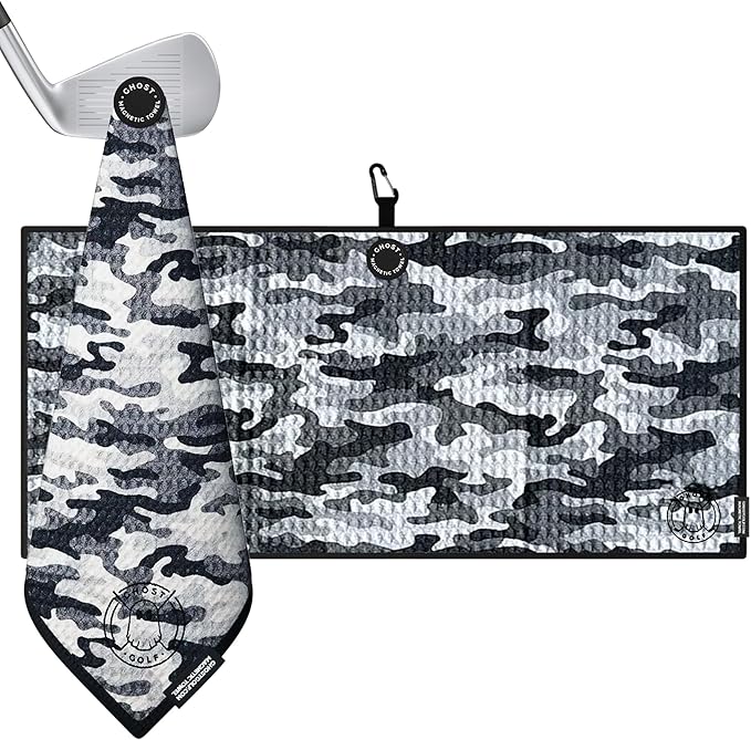 Ghost Golf Magnetic Towel (Caddie) - Premium Ultra-Absorbent Microfiber Golf Towel with Magnet for Golf Carts or Clubs - 18" x 40" Golfing Gear - Waffle Weave Pattern (Snow Camo)