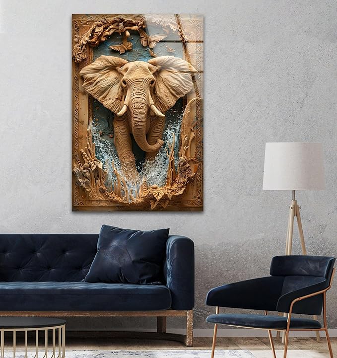 My Photostation.com 30Wx35.5H'' Elephant Carving Glass Wall Art Tempered Glass - Image 3