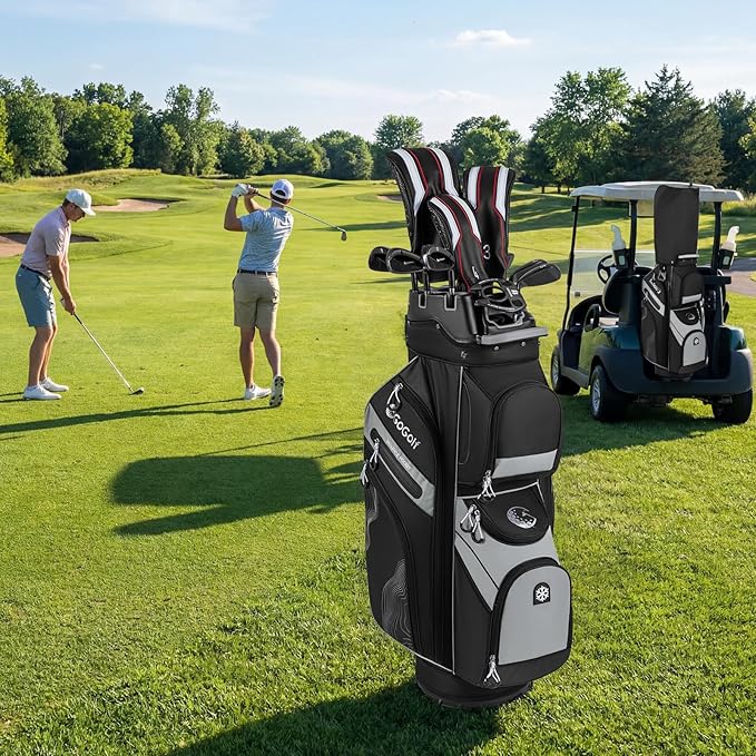 Tangkula Golf Cart Bag with 14-Way Full Length Dividers, 6 Molded Lock Top Golf Club Bag with 11 Pockets, Cooler Bag, Padded Strap, Handles, Umbrella Holder & Rain Hood