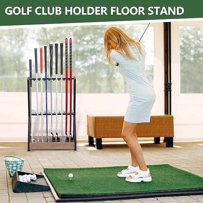 Golf Club Holder for 9 Clubs & 9 Balls, Solid Wood & Iron Golf Organizer, Golf Putter Holder Floor Stand, Golf Club Stand Suitable for Golf Simulators｜Golf Course Accessories