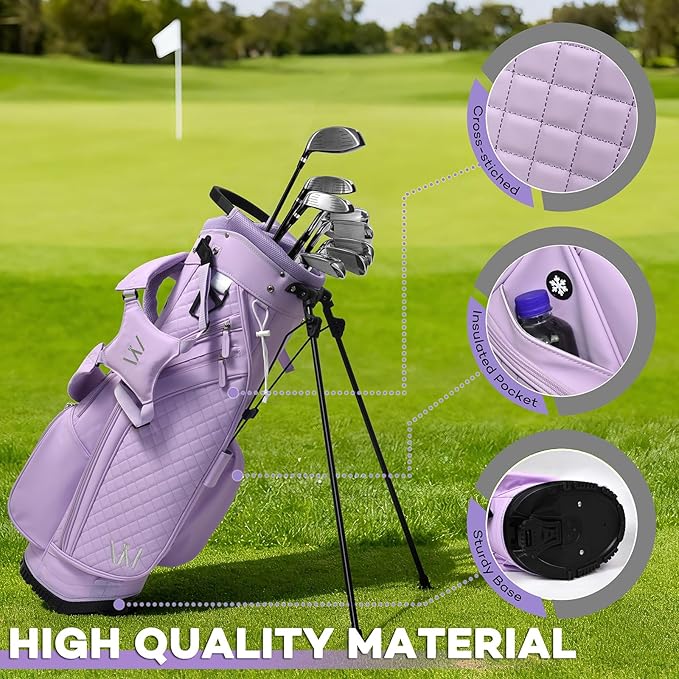 Luxury Womens Golf Bag, PU Leather Golf Stand Bag for Women/Ladies, 14-Way Full-Length Top Dividers, Ultra Lightweight, Large Pockets for Accessories