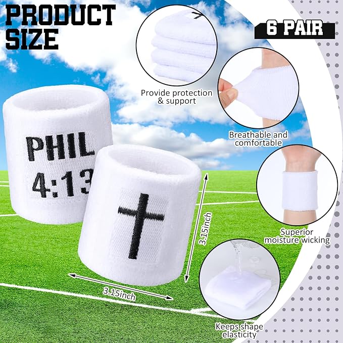 Misdary 6 Pair Cross Wristband Football Baseball Drip Baseball Football Accessories Faith Cross Sports Wristband Sweat Band Athletic Christian Faith for Sports Basketball Gym Workout