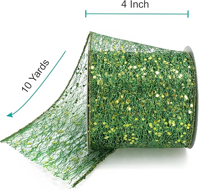 CT CRAFT LLC Sparkling Glitter Mesh Wired Ribbon 4" x 10 Yards Green - Image 2