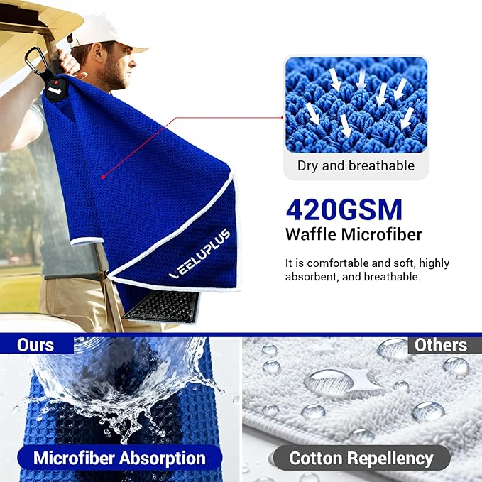 4-in-1 Magnetic Golf Towel with Brush & Cleaning Pocket -Premium Construction Golf Towel- Super Strong Golf Club Cleaner- Microfiber Waffle Design-15.7" X 23.6" Golf Accessories and Gifts for Men