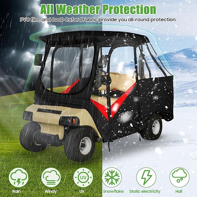 10L0L Golf Cart Driving Enclosure for Club Car DS 2+2 Passenger Short Roof Waterproof Windproof Heavy Duty 600D Rain Cover with 4-Sided Clear Windows & Durable Door Zipper, All-Weather Protection Red