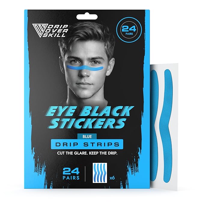 DRIP Strips Pro-Grade Eye Black Stickers, 24 Pack, Natural Flex & Stretch Eye Black Face Strips, Breathable, Sweat-Proof, Eye Black Football, Baseball, Softball, Lacrosse, One Pride Blue Grit Strip