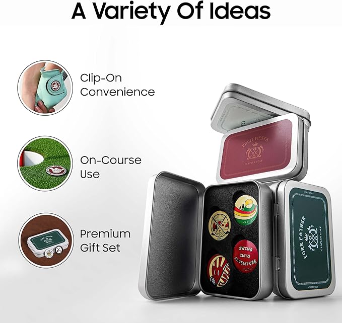 Clapley Ball Markers, Premium Gift Box Set for Golfer, 4pcs Stainless Steel & Oven-Cured Enamel, Eye-catching & Easy to spot, Pair with Magnetic Glove & Clip