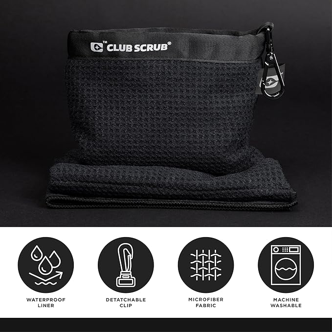 Club Scrub Towel Pro, Golf Club and Ball Cleaning Pouch with Attached Towel, Waterproof Exterior, Clean Face Technology Liner, Machine Washable, Cleans Club Grooves, Waffle-Weave Microfiber