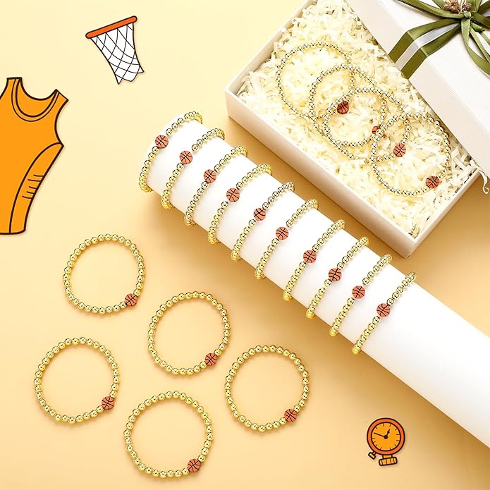 Tondiamo 24 Pcs Cheer Baseball Softball Soccer Basketball Football Tennis Bracelets Gifts Bulk Beaded Stretch Bracelets Charm Gifts Sport Jewelry Party Favors Supplies