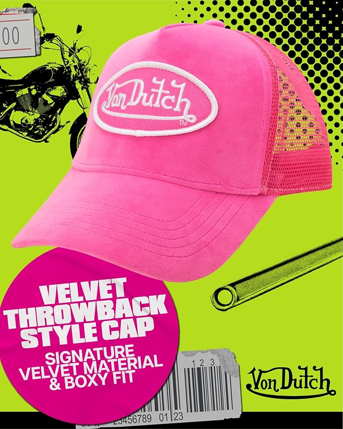 Von Dutch Unisex Trucker Hat - Velvet Curved Bill Mesh Back Retro Classic Adjustable Snapback Baseball Cap for Men and Women