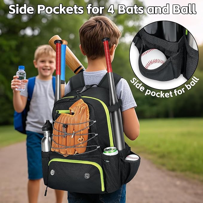 MATEIN Baseball Bat Bag for 4 Bats with Ball Pocket, Lightweight Youth Baseball Backpack with Shoe Compartment, Large Capacity Softball Equipment Bag with Fence Hook for TBall Gear, Helmet, Glove