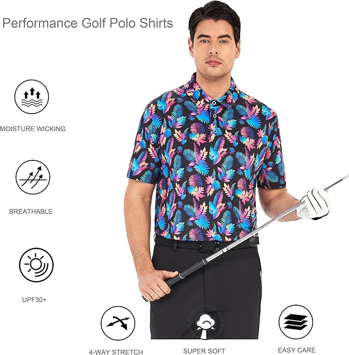 Alex Vando Mens Golf Shirt Moisture Wicking Quick-Dry Print Performance Polo Shirts for Men