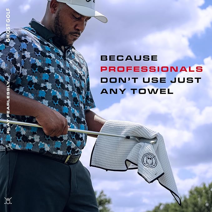Ghost Golf Magnetic Towel (Caddie) - Premium Ultra-Absorbent Microfiber Golf Towel with Magnet for Golf Carts or Clubs - 18" x 40" Golfing Gear - Waffle Weave Pattern (Black)