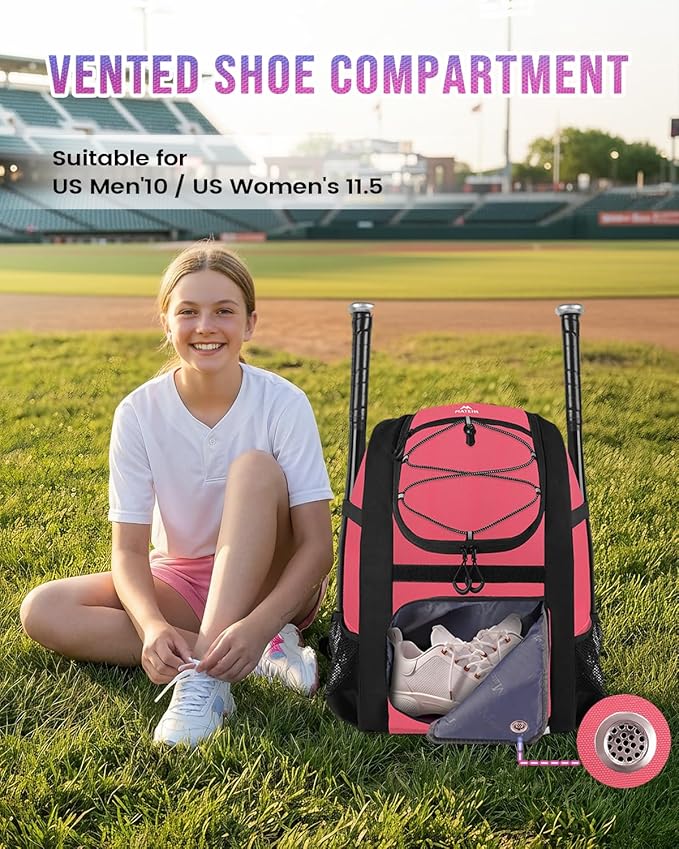 MATEIN Softball Bag, Lightweight Baseball Backpack with Shoe Compartment, Baseball Bag with Fence Hook for TBall Bat & Equipment, Softball Gifts Catchers Backpack for Women Fit Catcher’s Mitt, Helmet