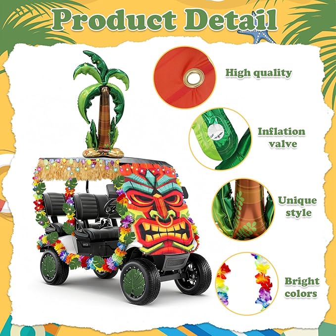 31 Pcs Luau Tropical Golf Cart Parade Decorations, Summer Tropical Golf Cart Decor with Tiki Fabric Backdrop,Hawaiian Grass Table Skirt, Hawaiian Wreath, 9.8FT LED Lights & Leaves