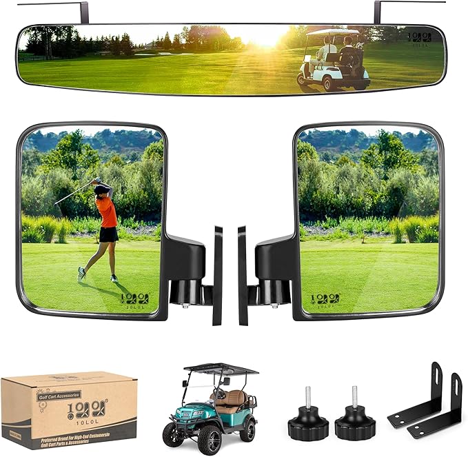Universal Golf Cart Wide Angle Convex Rear View & Folding Side Mirror Kit, Compatible with Club Car, EZGO, Yamaha Models