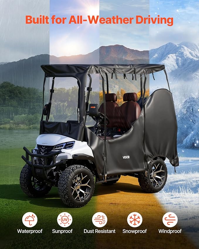 VEVOR Golf Cart Cover, Visible Full-Enclosure 2&2+2 Passenger Golf Cart, 420D Waterproof Oxford Fabric Club Car Cover Fits Most Carts Club Car, Yamaha, EZGO, Honda, PVC Coating & Windproof Hook Design