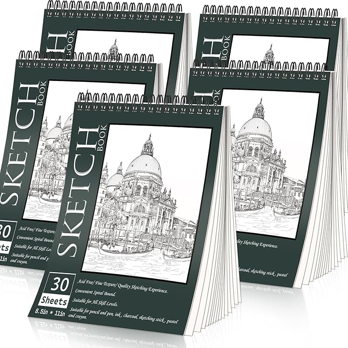 OSIMIG 5 Pack Sketch Book 8.5" x 11" Set, Top Spiral Bound Sketch Pad 150 Sheet by OSIMIG