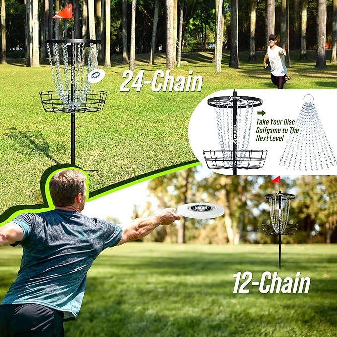 Portable Disc Golf Basket, 24/12 Detachable Chains Disk Golf Target with Sound Reducer for Quiet Practice, Night Practice Set with Remote LED Light, 3 Light Up Discs & 4 Ground Stakes