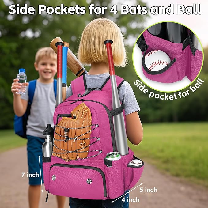 MATEIN Baseball Bat Bag for 4 Bats with Ball Pocket, Lightweight Youth Baseball Backpack with Shoe Compartment, Large Capacity Softball Equipment Bag with Fence Hook for TBall Gear, Helmet, Glove