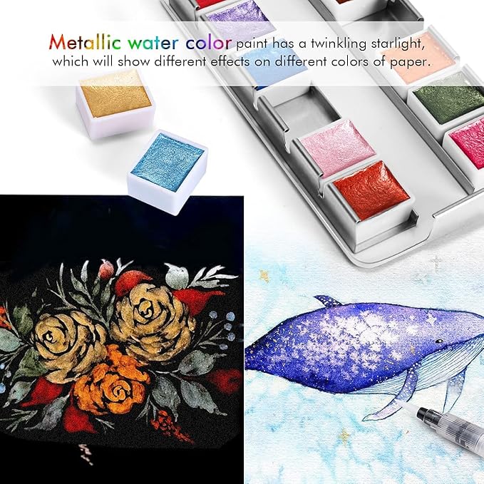Emooqi Watercolor Paints Set, Metallic Glitter Watercolour Solid Paint Include - Image 5