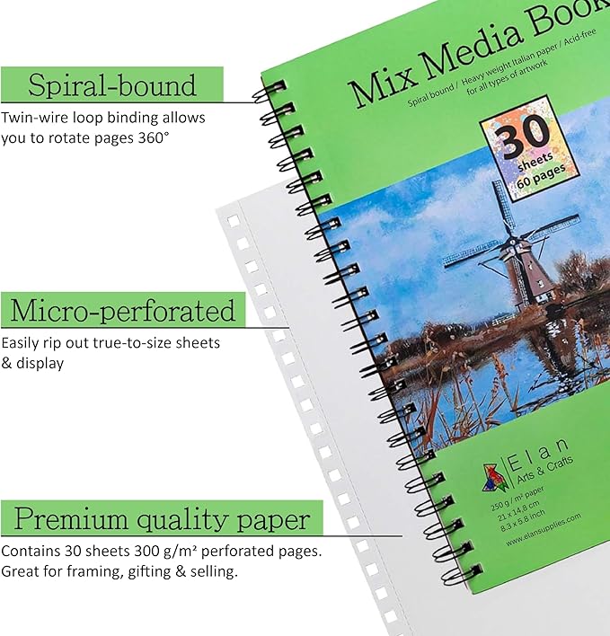 Elan A5 Mixed Media Journal, 30 Sheets Italian Paper 110 lb/250 GSM, Acid-Free - Image 2