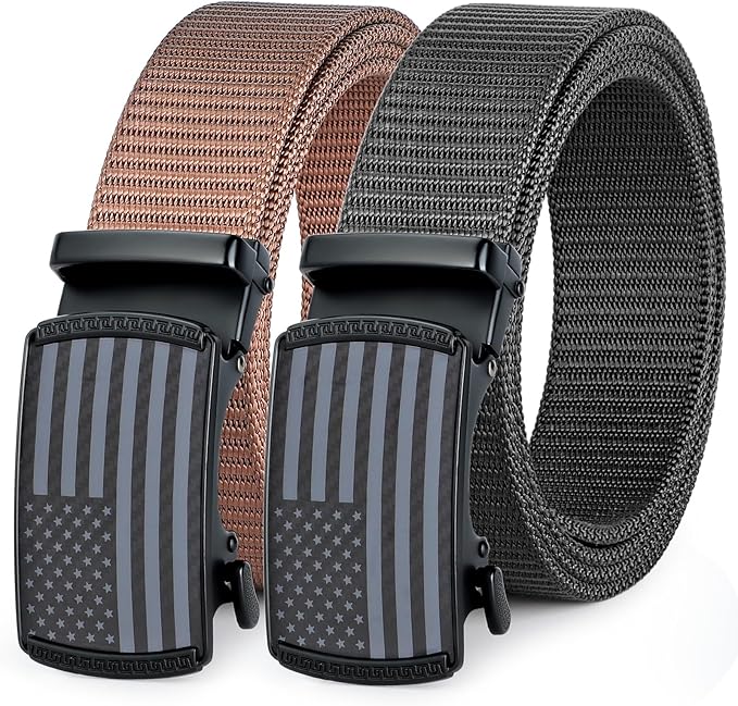 SANSTHS Nylon Ratchet Belts for Men 2 Pack, American Flag Slide Golf Belts 1 1/3", Tactical Work Web Belt 4th of July