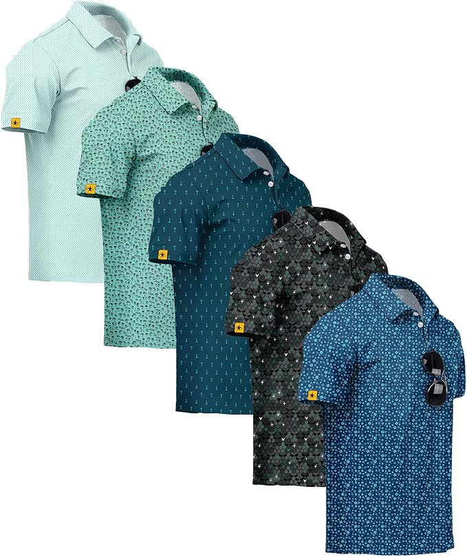 ZITY 5 Pack Mens Golf Shirt Short Sleeve UPF 50+ Moisture Wicking Performance Print Patterns Casual Golf Polo Shirts for Men