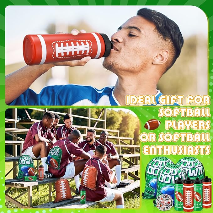 Funnymoom 24 Pcs Football Water Bottle Football Drawstring Bag Set with 50 Sticker Football Party Favors 12 Reusable Sports Squeeze Water Bottle 20oz 12 Football Goodie Gift Bag for Football Team Gift