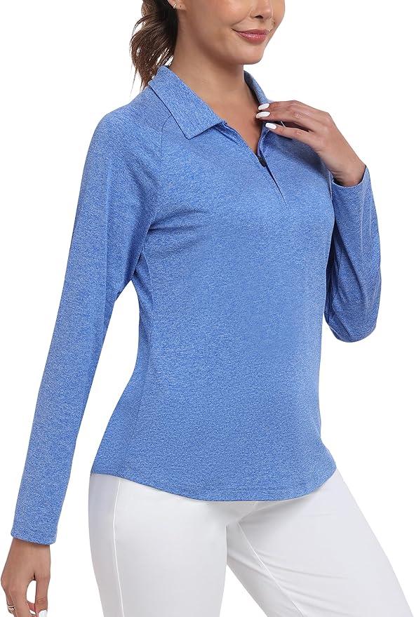 MoFiz Women's Golf Polo Shirt Long Sleeve Collared 1/4 Zip Stretch Soft Athletic Tops for Tennis Hiking & Outdoor Sports