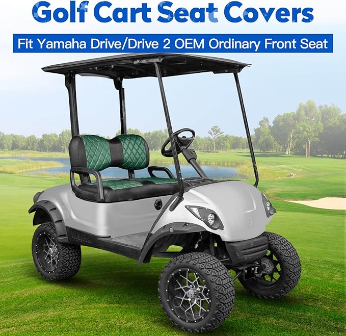 NOKINS Golf Cart Diamond Seat Covers Kit, Fit for Yamaha Drive/Drive 2 OEM Standard Front Seat Cushion, Golf Cart Vinyl Seat Cover, No Nails Required (Dark Green and Black)