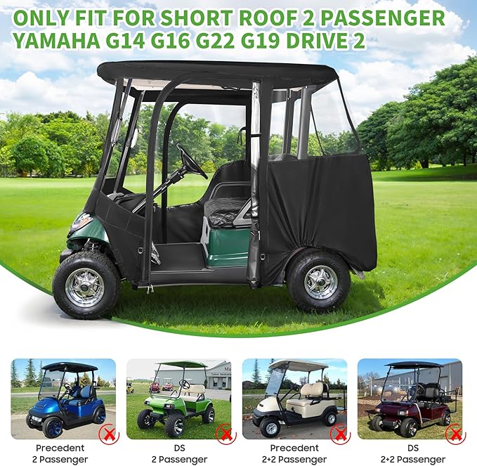 10L0L Golf Cart Driving Enclosure 2/4 Passenger for Yamaha G14 G16 G22 G29 Drive2 with Heavy Duty Zipper,600D Golf Cart Rain Cover Driving Covers with Roll-up Windshield, 4-Sided Clear Window
