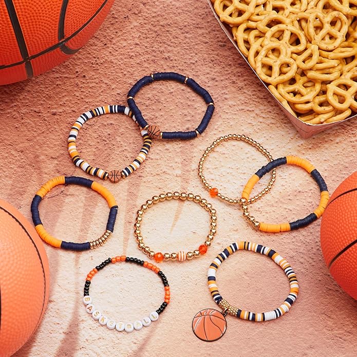 Huquary 8 Pack Sports Bracelets for Women Mom Soccer Baseball Football Volleyball Basketball Stackable Heishi Clay Beaded Bracelet Accessories Fan Outfits Jewelry Gifts for Sports Party Favor