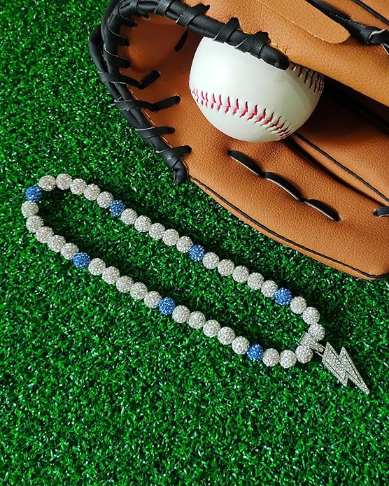 Baseball Necklace for Men 16/18/20 Inch Bling Ice Collection Lightning Bolt Pendant Necklace for Women Rhinestone Clay Beaded Discoball Accessories Gifts for Baseball Team Players Lovers