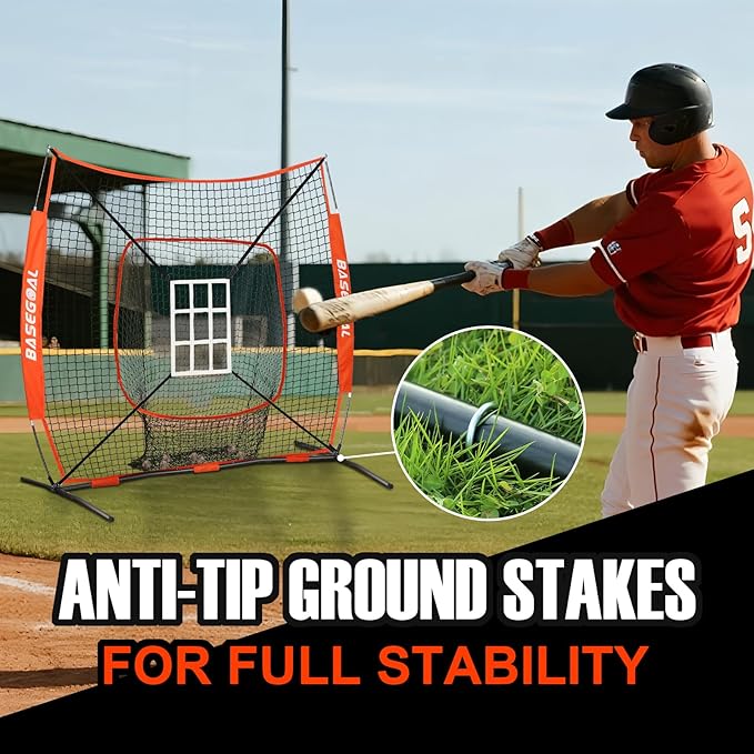 BaseGoal 6'×6' Baseball Softball Practice Net,Baseball Backstop,with Batting Tee,Ball Caddy,for Hitting Pitching Batting Catching with Bow Frame,Bonus Strike Zone,Target,Portable and Foldable