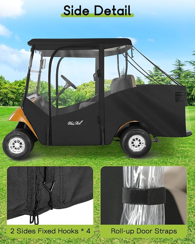 Golf Cart Enclosure 4 Passenger for EZGO TXT Short Roof 2+2 4-Seater Waterproof Windproof Driving Rain Cover 4-Sided Clear Windows Roll-up Door Black