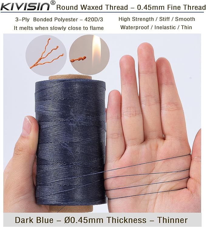 Thin Round Waxed Thread 0.45mm, 600 Yards, Dark Blue, Light Duty Polyester Wax - Image 3