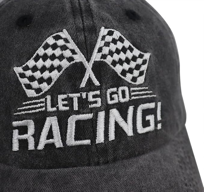 Let's Go Racing Hat for Men Women, Adjustable Embroidered Washed Cotton Checkered Flags Race Car Baseball Cap