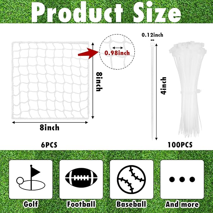 6 Pcs Universal Sports Net Repair Kits with 100 Pcs Zip Ties 8 x 8 Inch Golf Goal Nylon Netting Hole Replacement Patch for Baseball Batting Cages Hockey Football