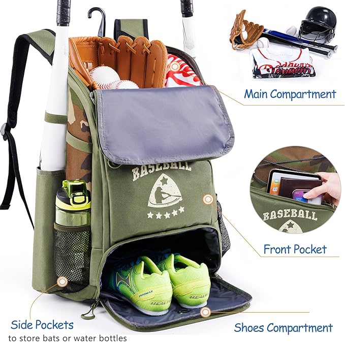 Baseball Bag for Youth & Adult with 4 Bat Sleeves - Softball Bat Bag with Shoe Compartment - Baseball Backpack for T-Ball, Softball Equipment, Baseball Gear, Baseball Bags for Boys 8-12