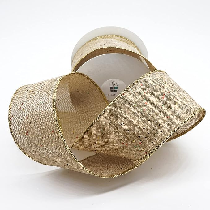 CT CRAFT LLC Tan Burlap Fabric Confetti Glitter Wired Ribbon 2.5" x 10 Yards - Image 2