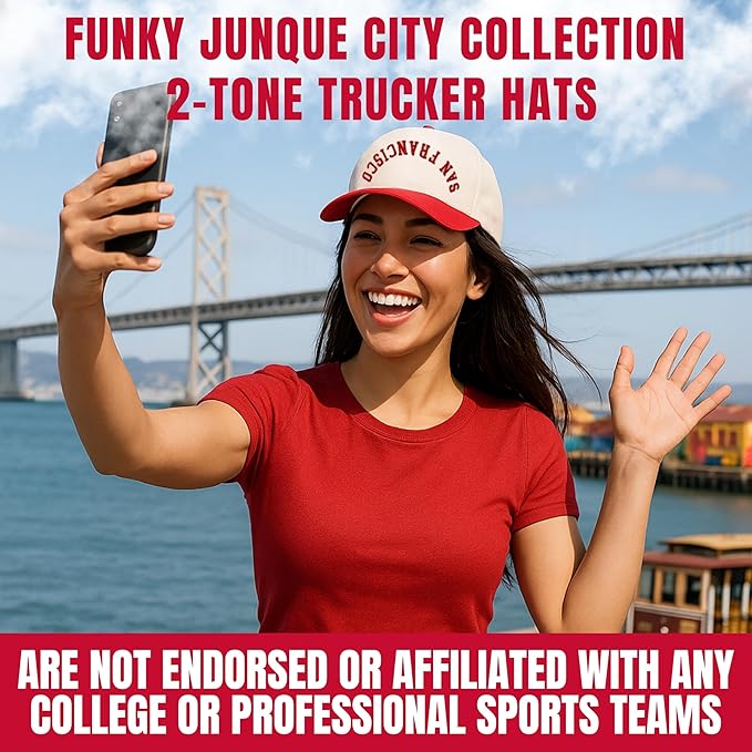 Funky Junque Upside Down City Trucker Hat for Men and Women – Unisex 3D Embroidered Gameday Baseball Cap, Retro Snapback Hats