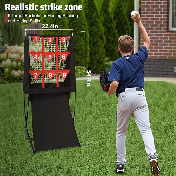 Storgem 9 Hole Pitching Net with Strike Zone, Baseball Softball Pitching Target Net with Automatic Ball Return, Portable Pitcher Training Equipment Height Adjustable, Carry Bag
