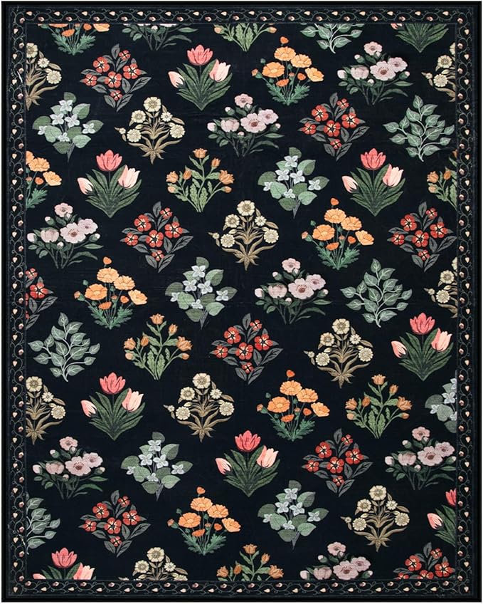Wonnitar Floral Print 8x10 Washable Rug, Non Slip Black Dining Room Rug - Image 8