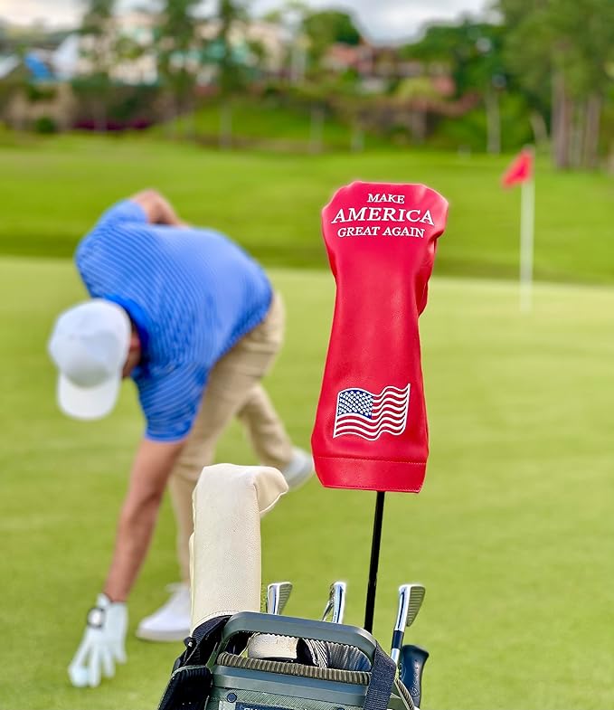 Wolph USA Driver Head Cover – Premium Leather, Iconic Red MAGA Hat Style – Trump-Inspired Funny Headcover – Trump Golf Accessories & Gift for Men and Women – Customize Your Bag.